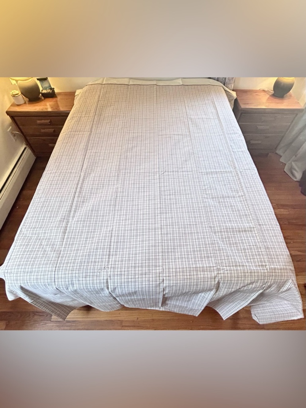 Vintage Montgomery Ward Twin Flat Sheet White Brown Check Percale 80" x 96" New